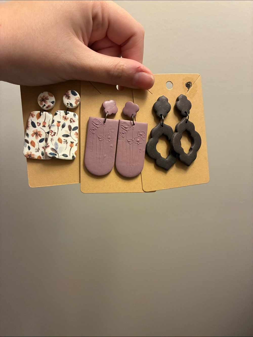 Handmade Clay Drop Earrings - Purple, Floral, Black